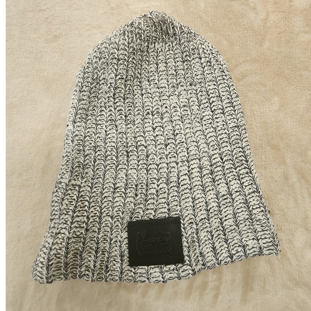Love Your Melon Beanie Black White Marled Knit Cotton Hat Leather Patch USA Made
